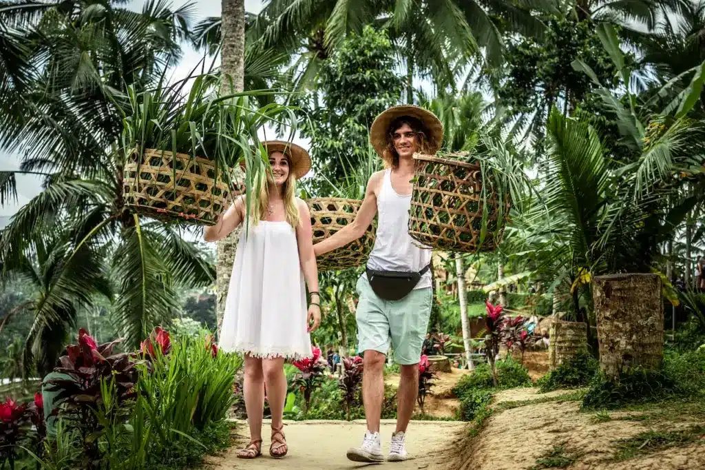 A Couple Carrying a Wooden Basket Together